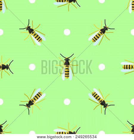 Vector Seamless Pattern With Wasps And Circles On Green Background