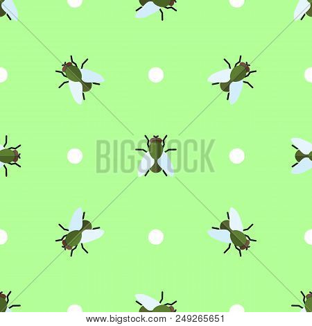 Vector Seamless Pattern With Flies And Circles On Green Background
