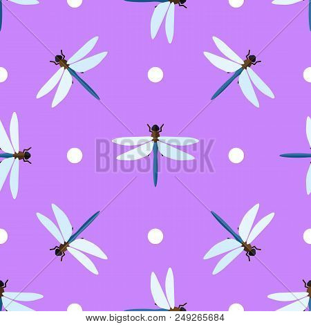 Vector Seamless Pattern With Dragonflies And Circles On Lilac Background