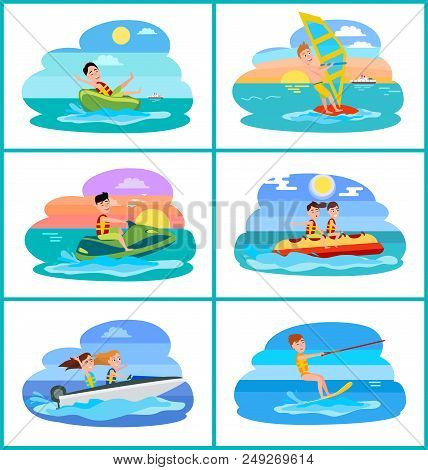 Donut Ride Collection Activities, Windsurfing And Boating, Banana Boat Summer Sport, Sports Set Vect