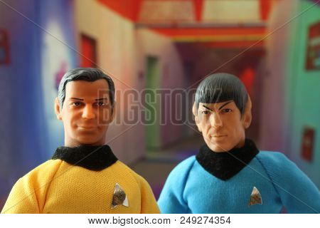 JULY 11 2018: Recreation of a scene from Star Trek the Original Series with Captain James T Kirk and Mr. Spock in a corridor of the USS Enterprise  - Mego style action figures
