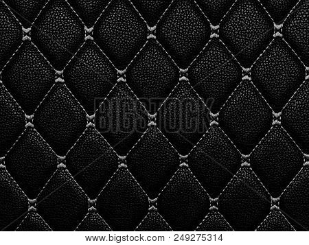 Black Leather With White Stich, Black And White Leather Texture Background.