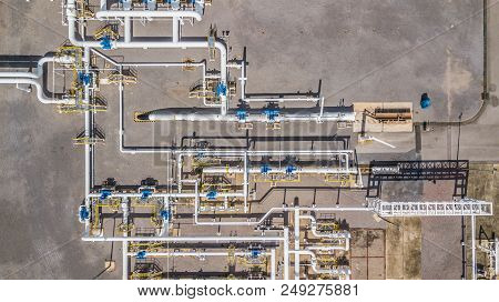 Aerial Top View Natural Gas Pipeline, Gas Industry, Gas Transport System, Stop Valves And Appliances