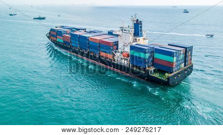 Aerial Top View Container Cargo Ship, Business Logistic And Transportation Of International By Ship 