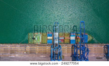 Aerial Top View Container Cargo Ship, Business Import Export Logistic And Transportation Of Internat