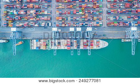 Aerial Top View Container Cargo Ship, Business Import Export Logistic And Transportation Of Internat