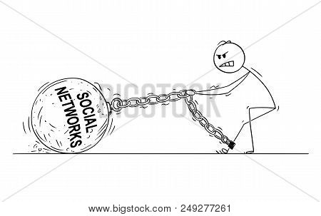 Cartoon Stick Drawing Conceptual Illustration Of Man Or Businessman Pulling Hard Big Iron Ball Chain