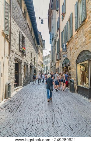 Bergamo, Italy - May 30, 2018: Via Bartolomeo Colleoni Street.