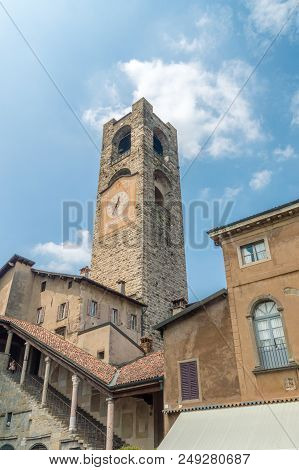 Clock Tower Campanone At Piazza Vecchia In The Old Town Of Bergamo.