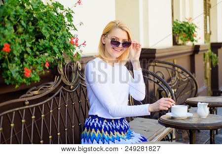 Great Start Of Day. Mug Of Good Coffee In Morning Gives Me Energy Charge. Woman Elegant Happy Face H
