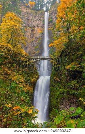 Multnomah Falls In Columbia River Gorge Oregon During Fall Season