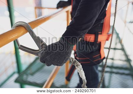 Working At Height Equipment. Fall Arrestor Device For Worker With Hooks For Safety Body Harness On S