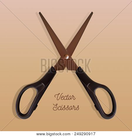 Isolated Black Vector Scissors On The Table. Realistic Illustration