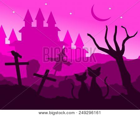 Scarecrow,two Cats In Love Sitting With Dry Tree And Crescent Moon At Night,lover Couple,cartoon Sty