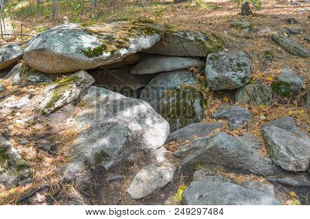 Ancient Dolmen Of The Neolithic Age In The Southern Urals. Island Of Vera On Turgoyak Lake