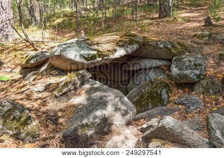 Ancient Dolmen Of The Neolithic Age In The Southern Urals. Island Of Vera On Turgoyak Lake