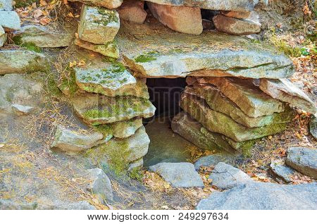 Ancient Dolmen Of The Neolithic Age In The Southern Urals. Island Of Vera On Turgoyak Lake