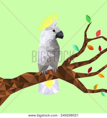 Low Poly Colorful Cockatoo Bird With Tree On Back Ground, Birds On The Branches ,animal Geometric Co