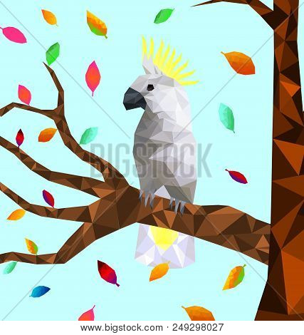 Low Poly Colorful Cockatoo Bird With Tree On Back Ground, Birds On The Branches ,animal Geometric Co