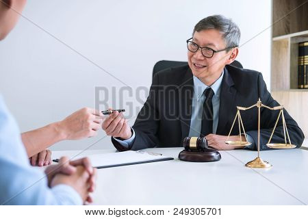 Unhappy Divorce Couple Having Conflict, Husband And Wife During Divorce Process With Senior Male Law