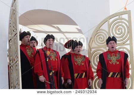 ST. PETERSBURG, RUSSIA - JULY 12, 2018: Actors perform the opera The Tsar's Bride of N. Rimsky-Korsakov outdoors during the festival All Together Opera. It was first of 4 performances