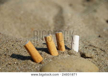 Cigarette butts in the sand