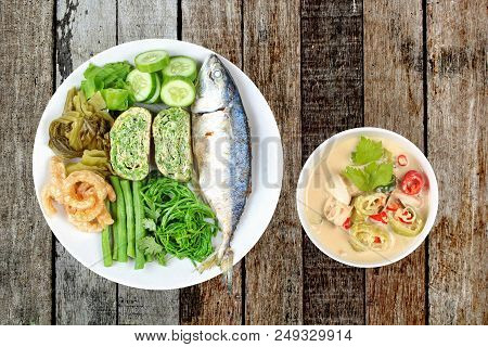 Coconut Milk And Fermented Soy Bean Sauce Call Toa Jiaw Loan In Thai And Dish Of Deep Fired Mackarel