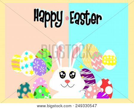 Cute Easter Bunny With A Lot Of Colorful Eggs,rabbit With Blue And Pink Back Ground ,animals Vector