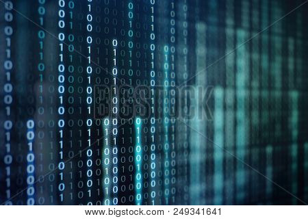 Binary Code Data Bit Screen Display On Laptop Computer Screen. Matrix Of Data Flow. Rise Of The Big 