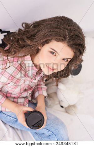Girl With Coffee To Go Cup. Latte