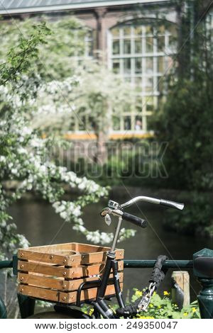 Part Of The Bicycle With A Basket On The Background Of A Blurred Building With Big Windows