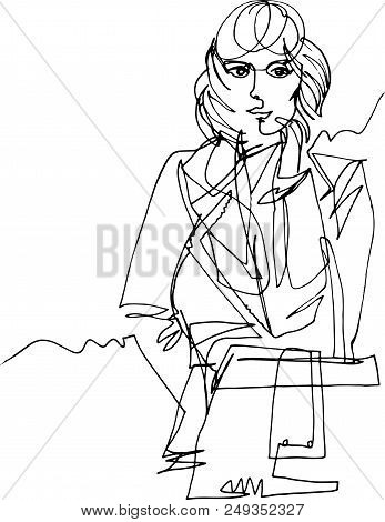 Autumn, Woman In Coat With Bag, Fashion Illustration, Minimalist Style With One Continuous Line,  Ha