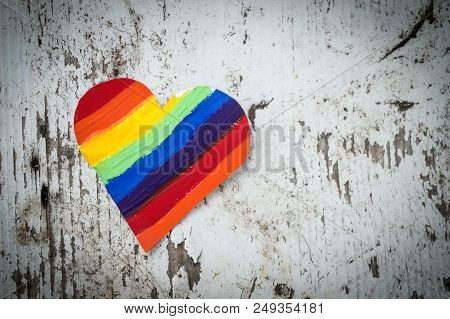 Glbt, Rainbow Water Colored Heart On Wooden Table