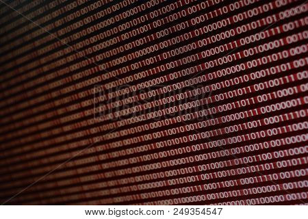 Blocks Of Binary Data. Blockchain Concept. Red Background With Computer Digital Binary Code Bit Numb