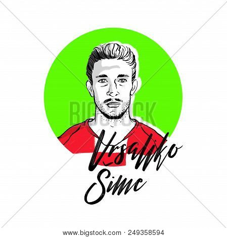Russia, Moscow - June 13, 2018: Sime Vrsaljko, Croatian Footballer Hand Drawn Portrait, Playing Duri
