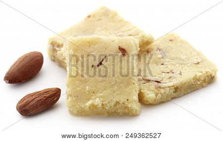 Closeup Of Tasty Almond Barfi Over White Background