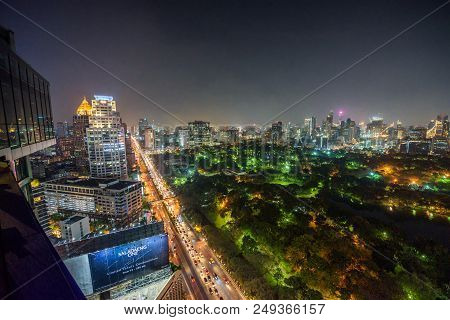 Bangkok, Thailand - March 30, 2018 : Night Skyline Of Midtown Bangkok With Lumphini Park And A Traff