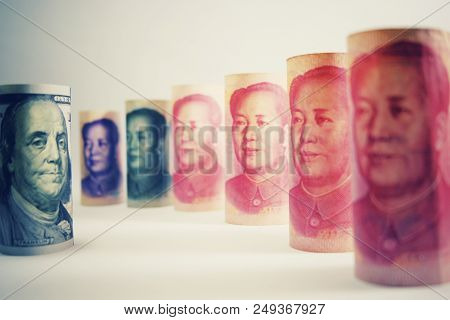 Face To Face Between Franklin And Mao. Serious Tension Trade War Between Usa Dollar And China Yuan B