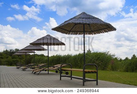 Deck Chairs On Grass By A Lake On Grass By A Lake
