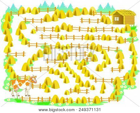 Logic Puzzle Game With Labyrinth For Children And Adults. Help The Cow Find The Way Into Cowshed. Ve