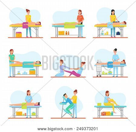 Special Massages For Body Health Improvement Set. Client On Massage Table And Masseuse. Healthy Proc