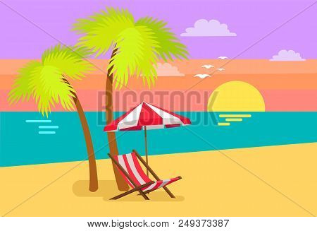 Seascape And Palms At Sunset, Flying Seagulls Over Sea, Umbrella Above Hammock-chair, Trees On Hot S