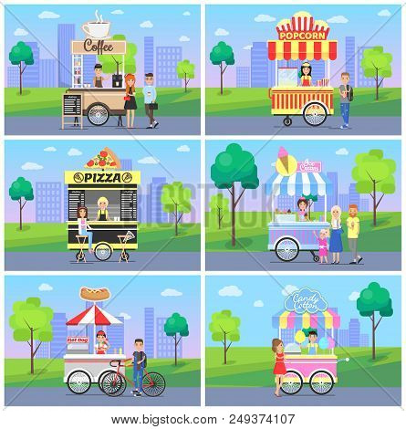 Set Of Mobile Fast Street Food Kiosks In City Park Vector Illustration With Pretty Design Snack Shop