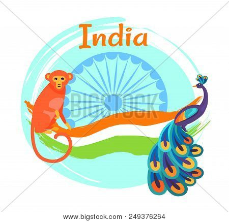 Independence Day Holiday Poster With Indian National Flag, Wheel Silhouette, Colorful Peacock With T