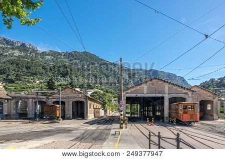 Vintage Tram In Soller Majorca At Train Station, Mallorca Island, Balearic Islands, Spain. Mountains