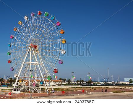 Pescara, Italy - May 20, 2018: Ferris Wheel At The Port Of Pescara With Blue Sky