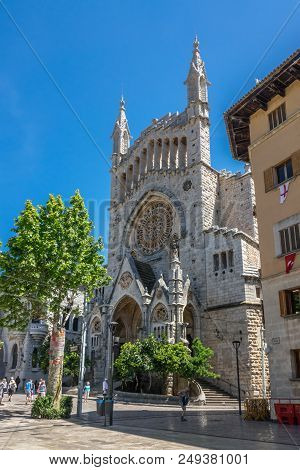 Soller, Spain - May 4, 2017: Historic Sant Bartomeu Church Facade At Soller Mallorca