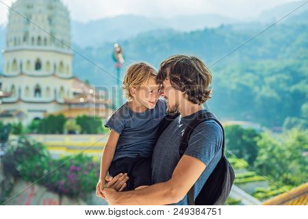 Father And Son Tourists In Buddhist Temple Kek Lok Si In Penang, Malaysia, Georgetown. Traveling Wit
