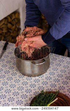 Cooking Cutlets Steaks. Minced Meat In Bowl, Meat Patties. Ingredients For Minced Meat Onion, Garlic