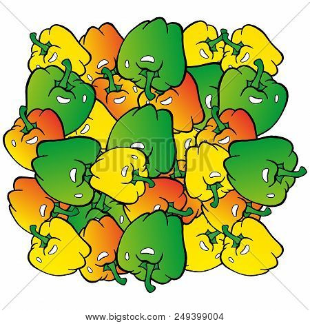Bell Pepper. Vector Of A Sweet Pepper. Hand Drawn Green, Yellow, Red Pepper.